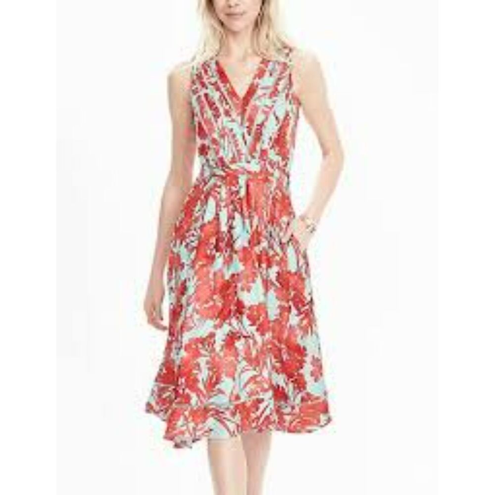 BANANA REPUBLIC FLORAL VEE DRESS CANDY TEAL CORAL RED MIDI DRESS SIZE 2 POCKETS